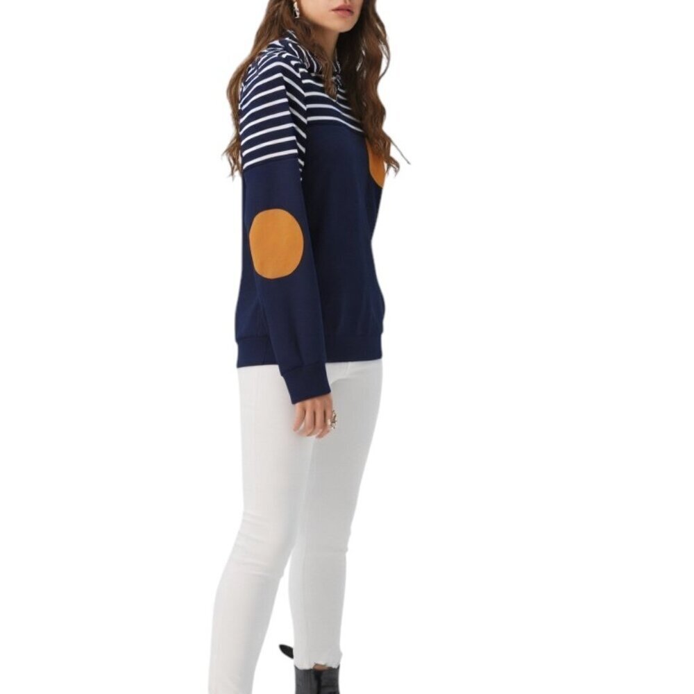 Pat Pat Blue and white Knit Sleeve Hoodie Pullover V Neck Sweatshirt Women S